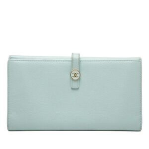Chanel Cocomark W Hook Long Wallet Blue Leather Women's Chanel